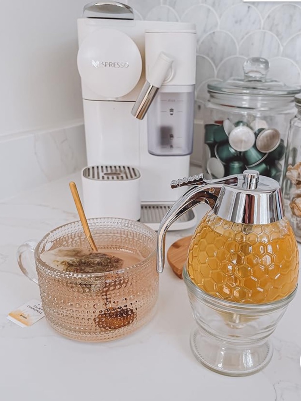 Glass Honey Dispenser with Silver Lid